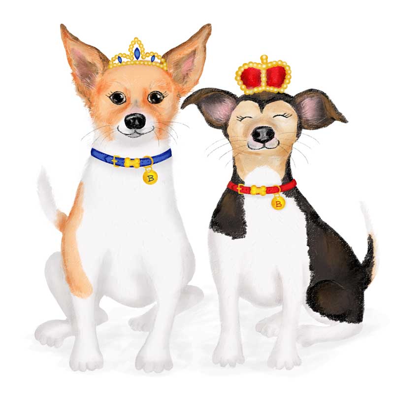 Bluebell and Beth, two Jack Russell terriers wearing crowns