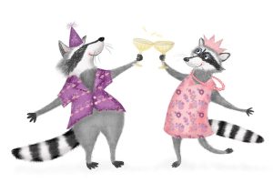Raccoons wearing party hats doing cheers with champagne glasses.