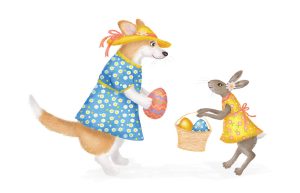 Corgi and hare wearing sundresses offering each other Easter eggs