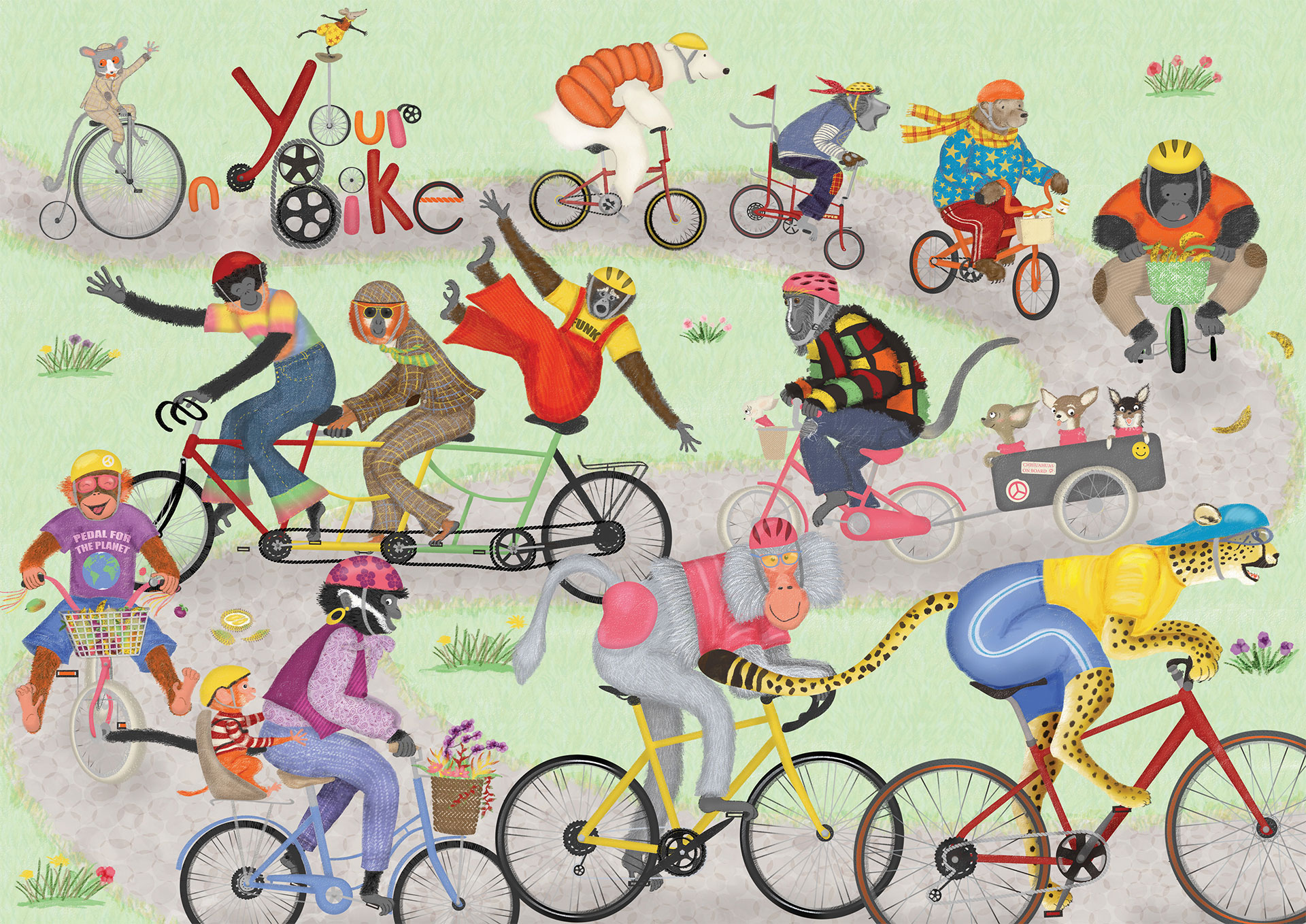 Monkeys, bears and other animals riding bicycles