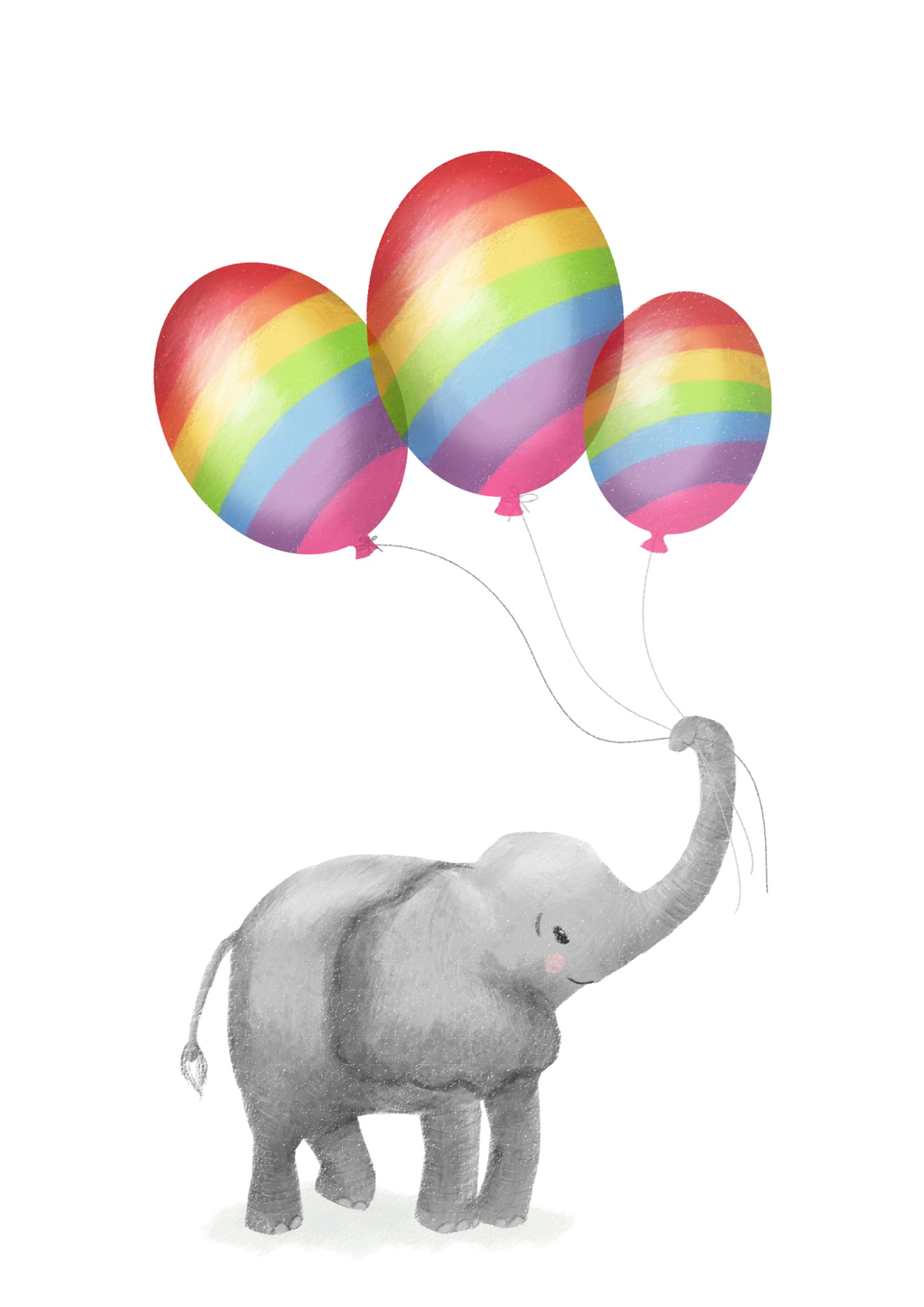 Baby elephant holding rainbow balloons in his trunk