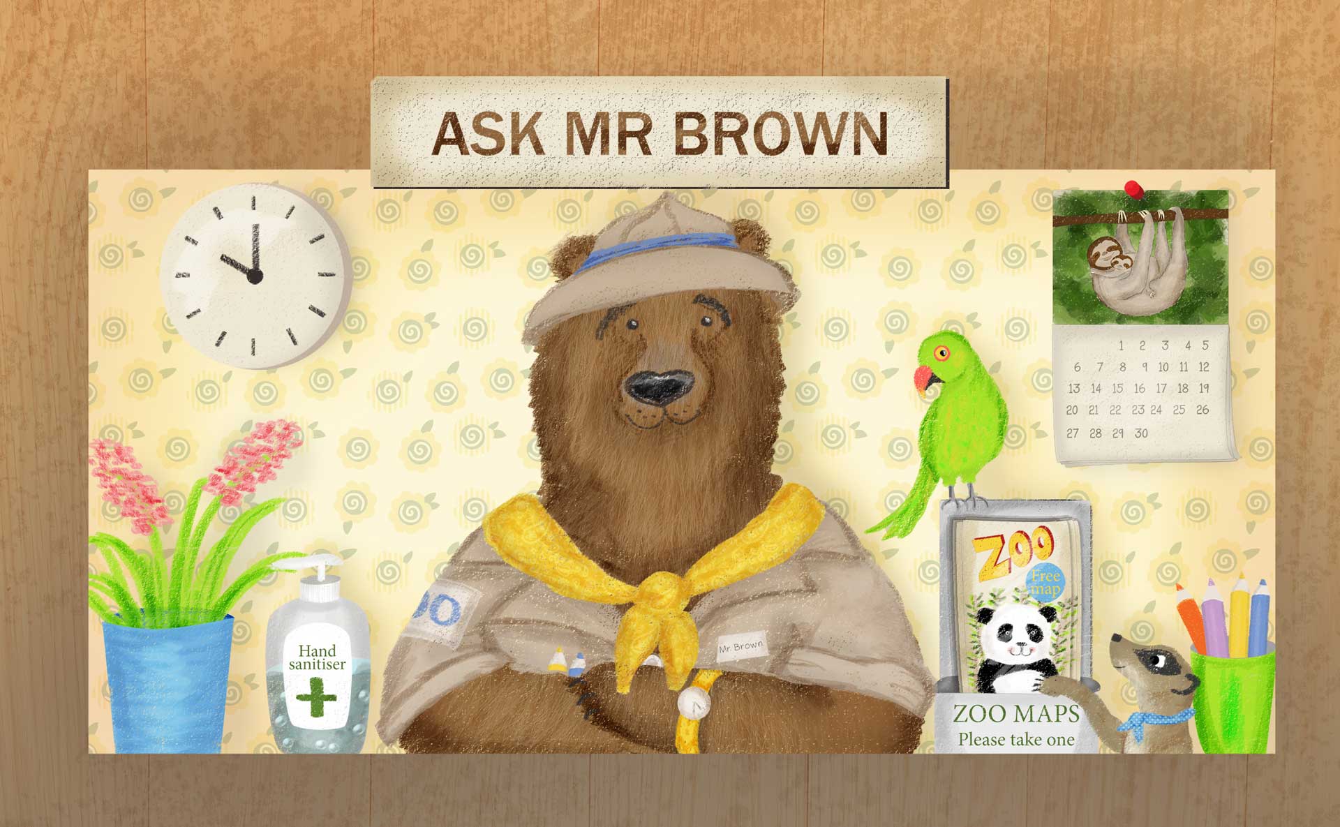 Drawing of a bear dressed in a safari suit on the reception at a zoo