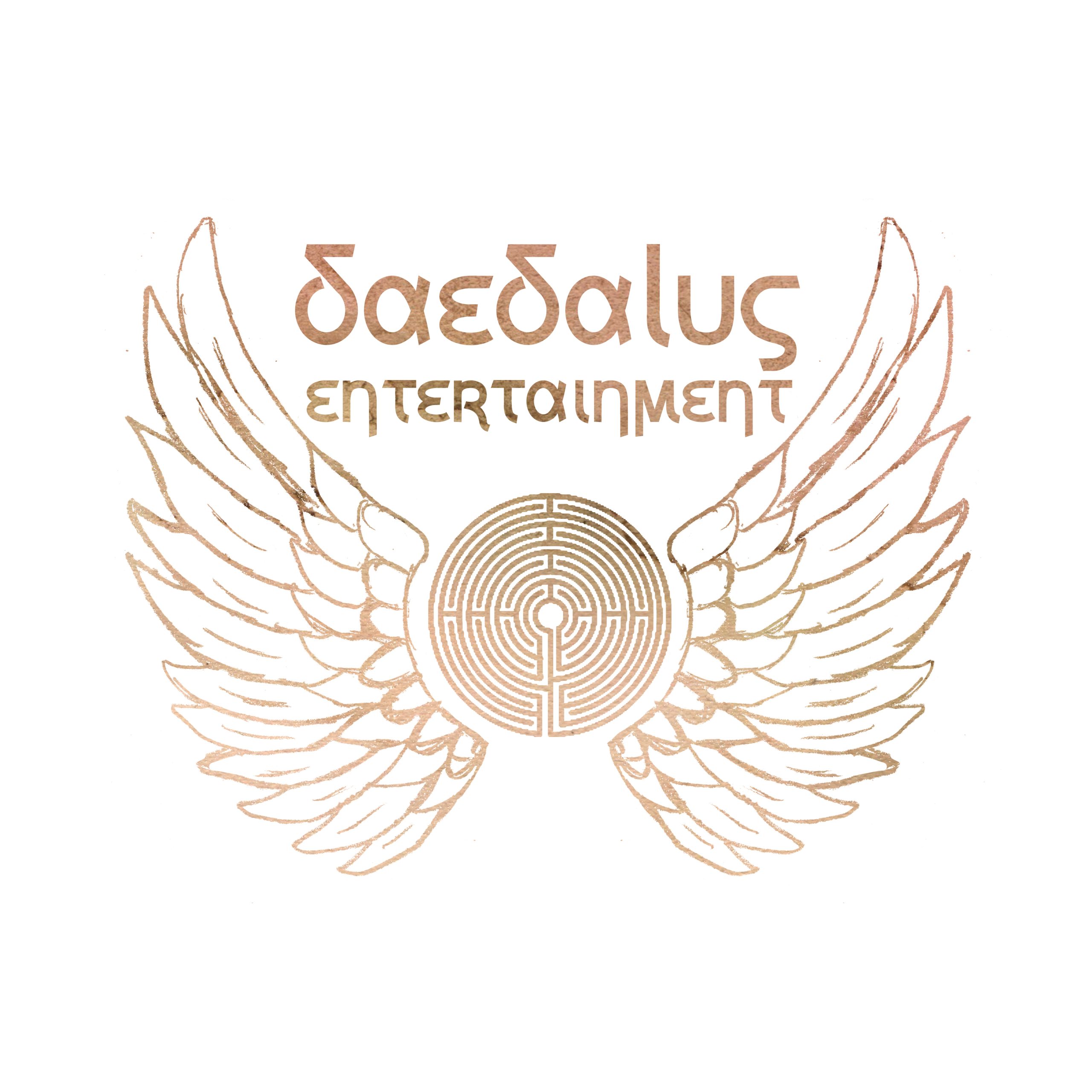 Daedalus Entertainment logo - a circular maze with wings on either side