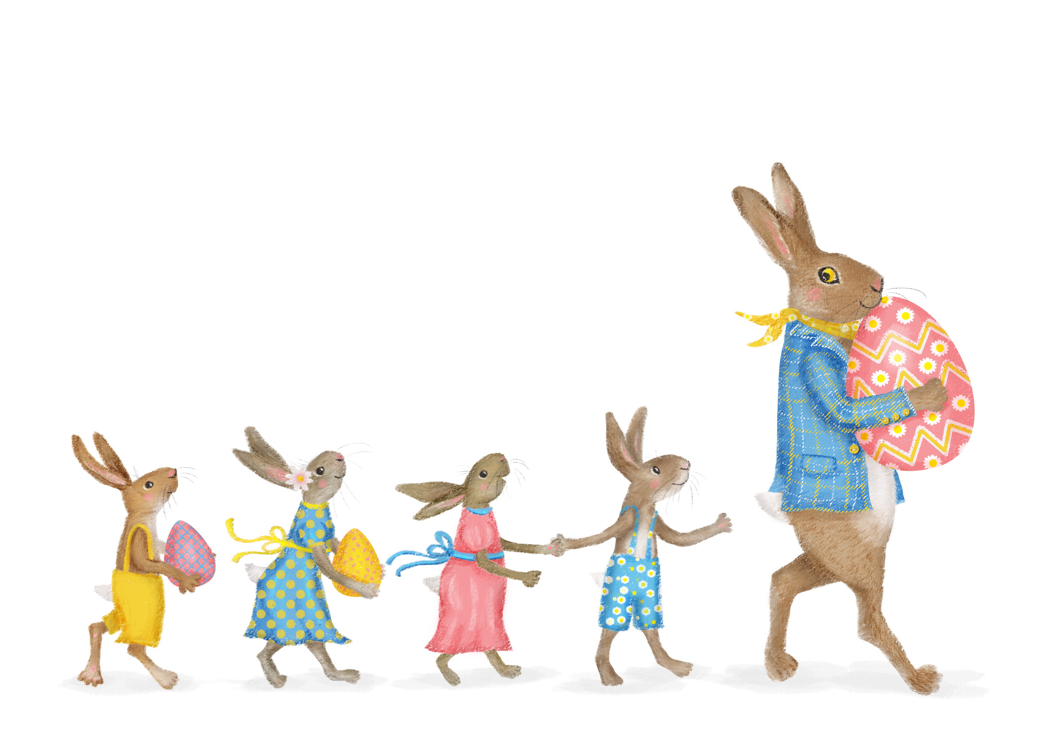 Big hare followed by four smaller hares, carrying Easter eggs