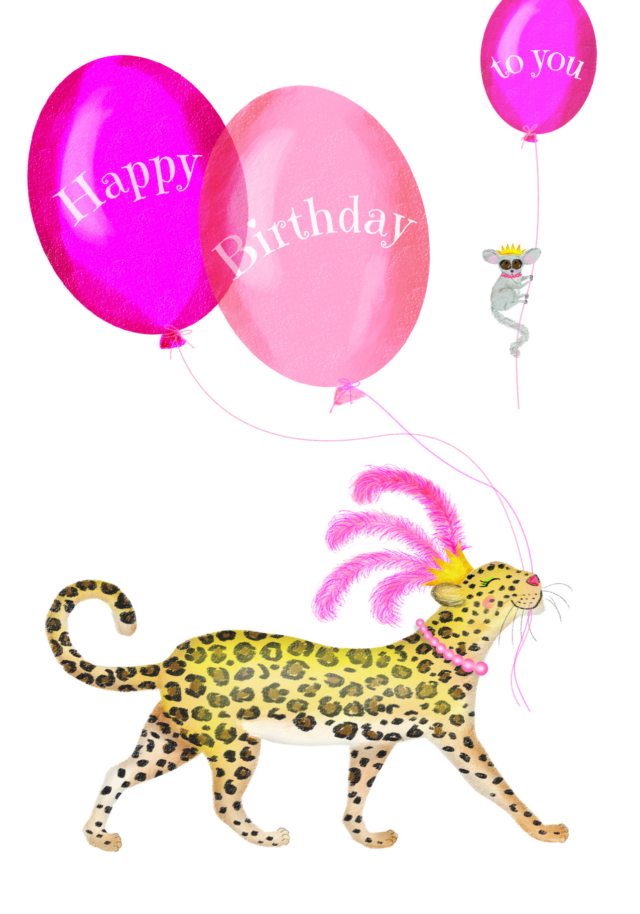 Glamorous leopard wearing a crown and feathers, carrying balloons with Happy birthday to you written on them