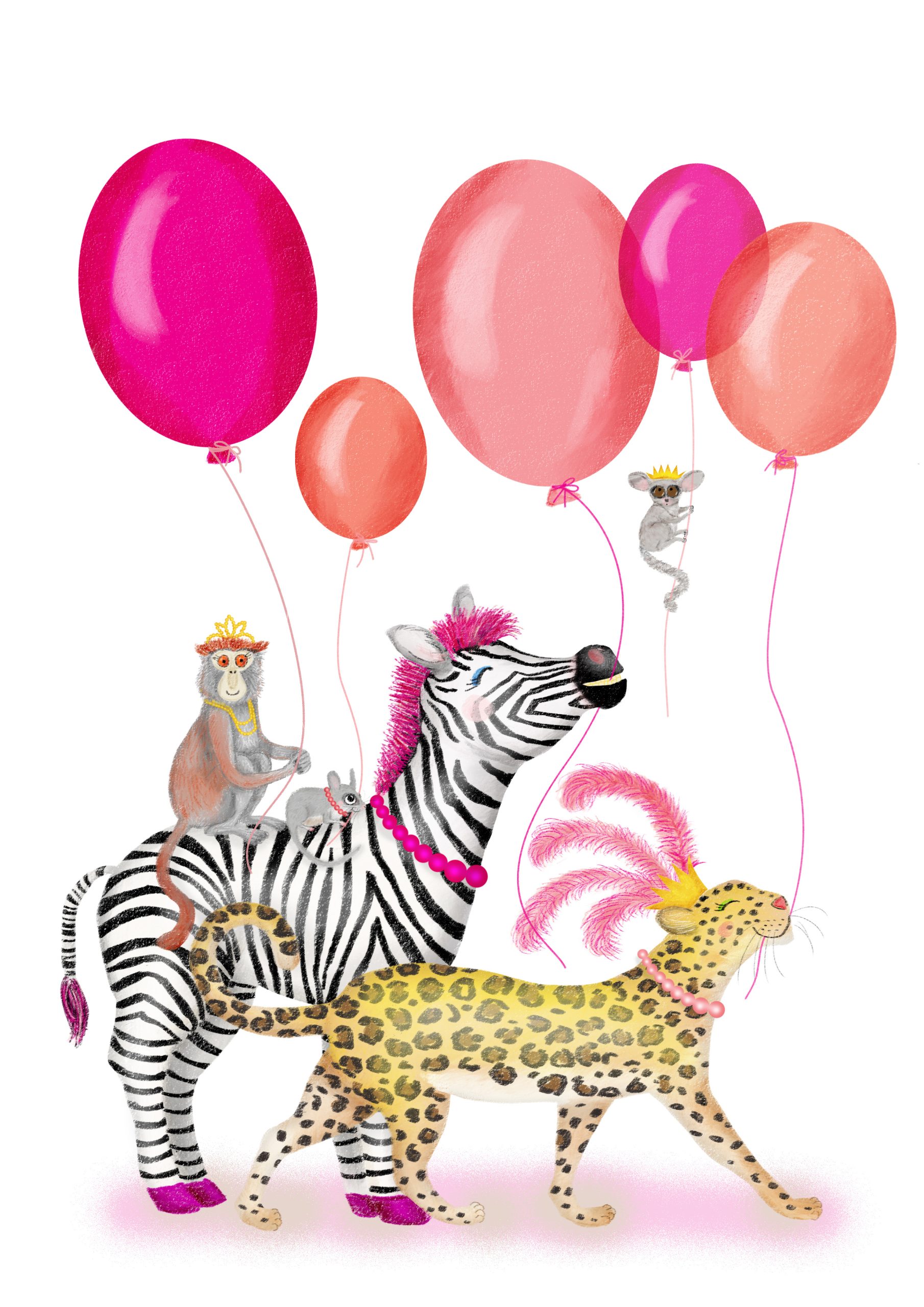 Glamorous leopard, zebra and monkeys holding pink balloons