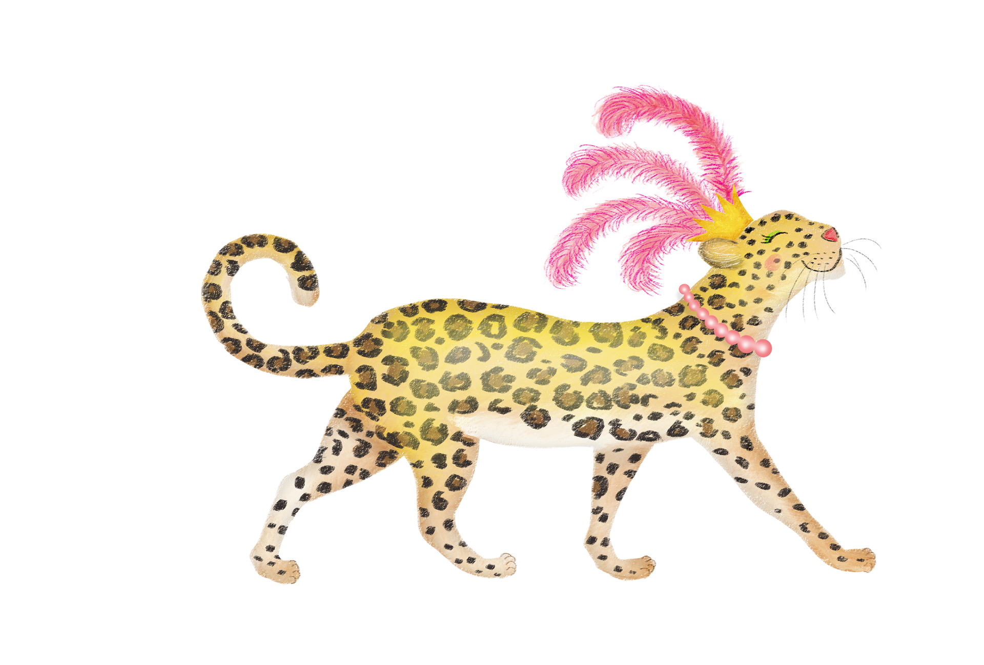Glamorous leopard wearing a crown and pink feather on her head