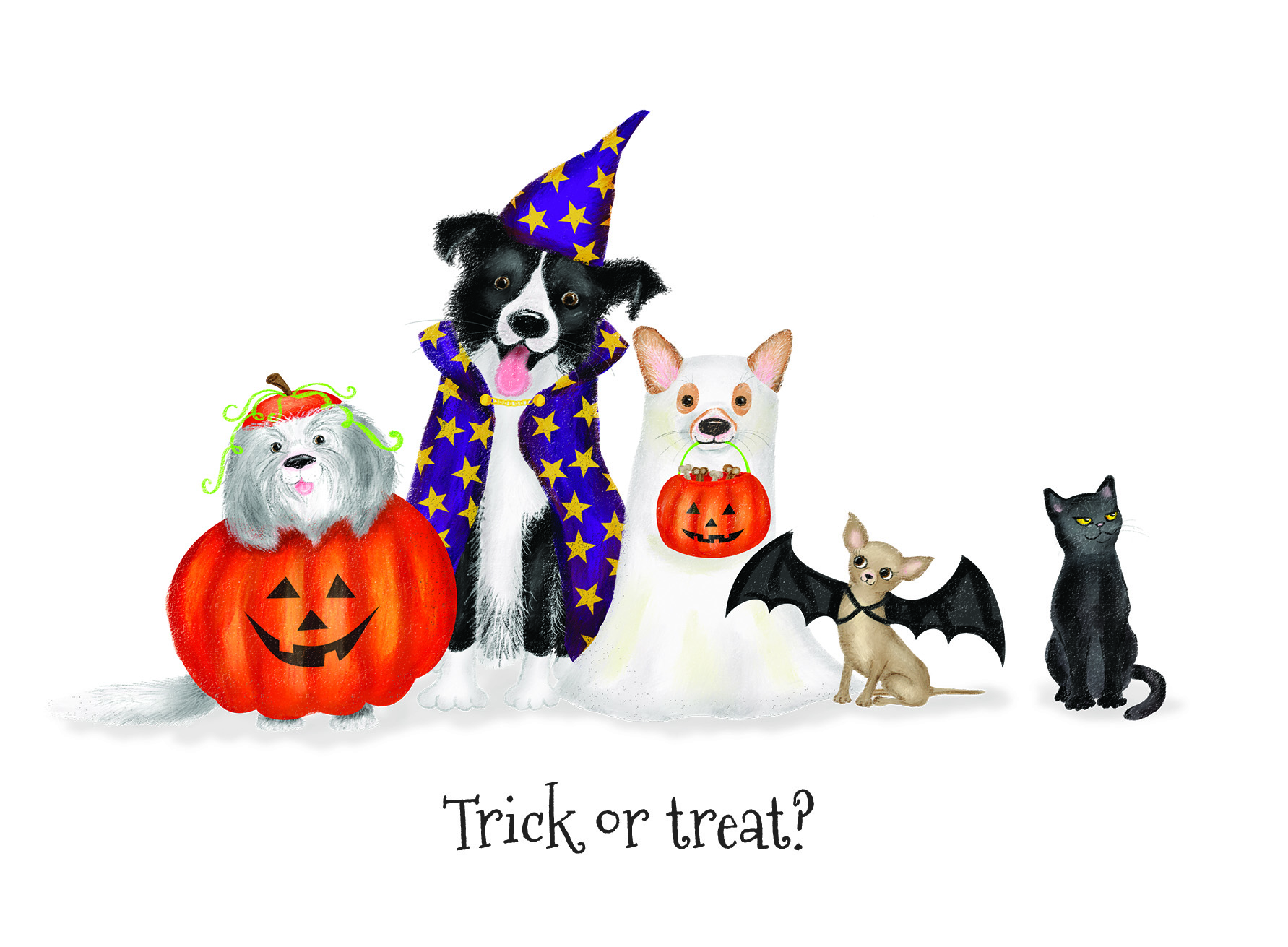 Dogs dressed up in Halloween costumes, with Trick or treat? written underneath