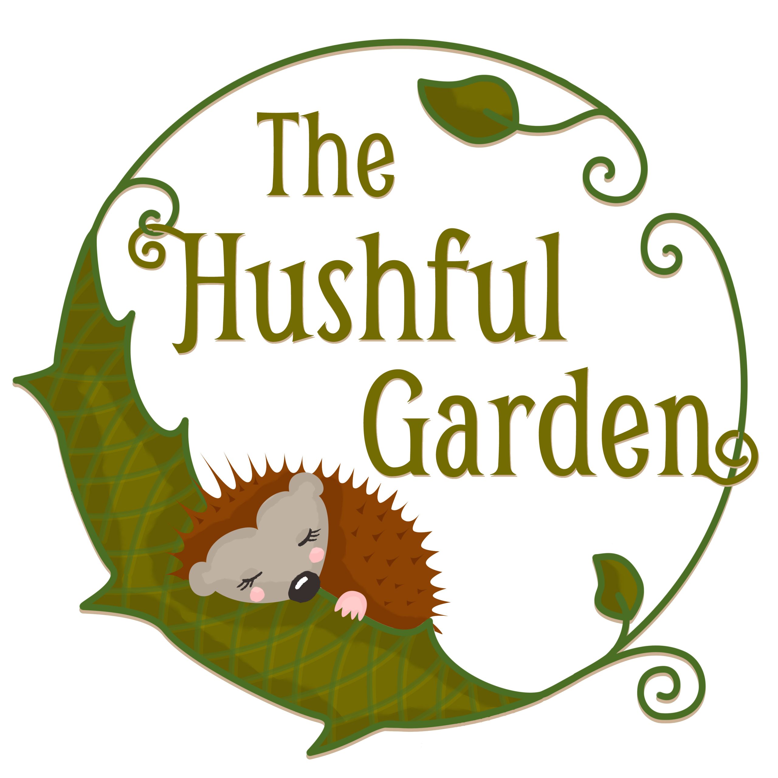 The Hushful Garden logo, a hedgehog sleeping on a leaf