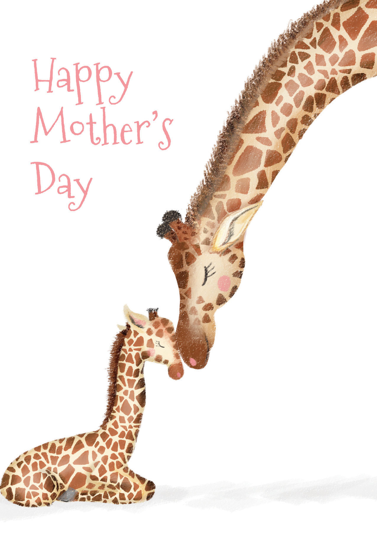 Giraffe mother and baby nuzzling noses, with Happy Mother's Day written above them