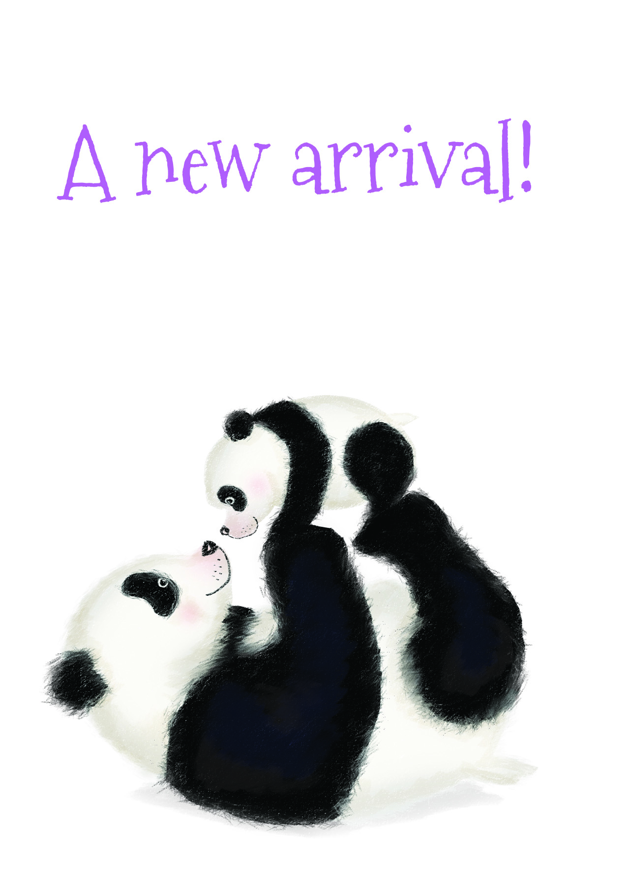 Panda and cub with A new arrival! written above them in purple