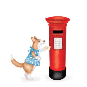 Drawing of a corgi posting a letter into a red pillar box