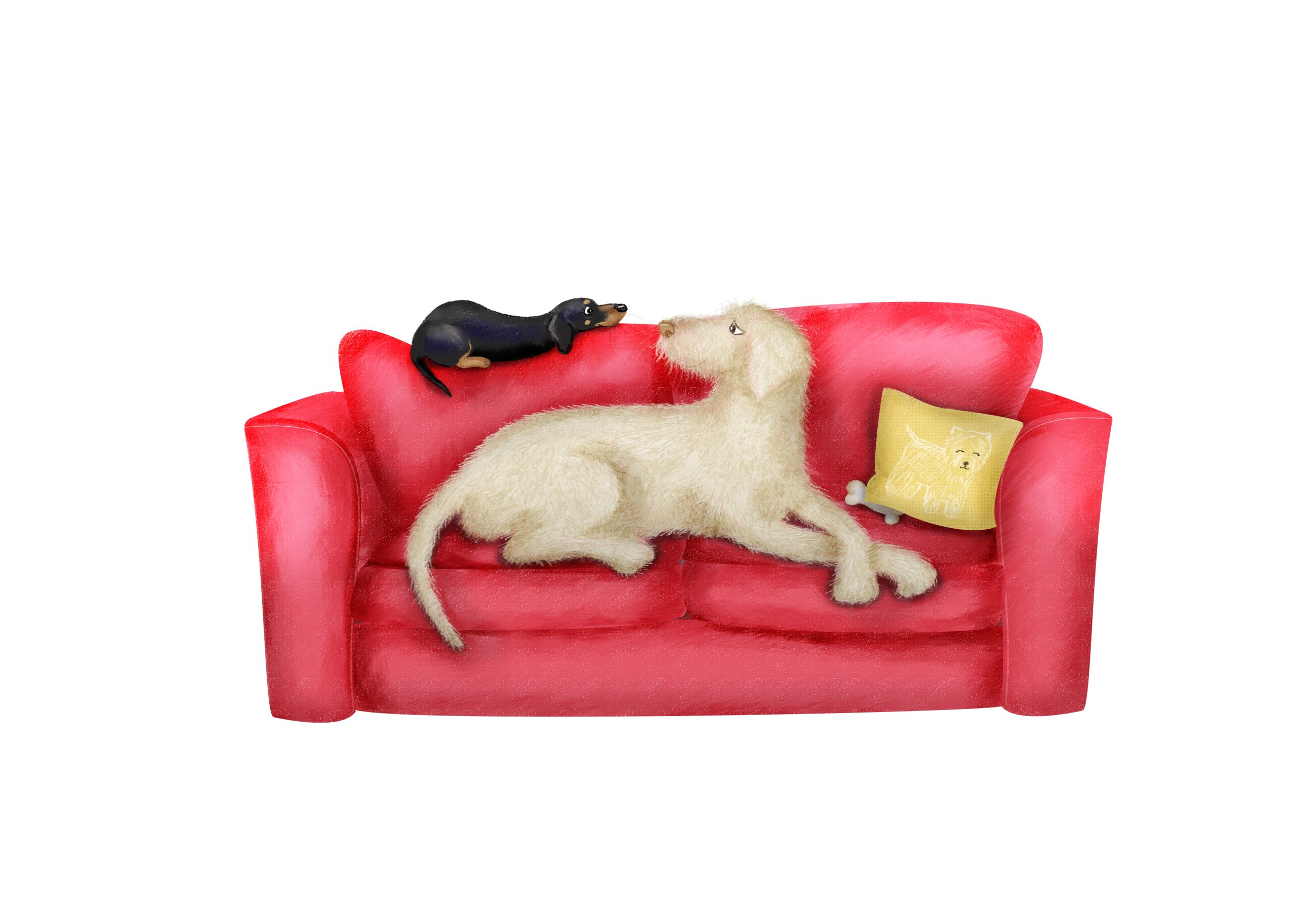 Drawing of a large white lurcher and tiny dachshund on a red sofa