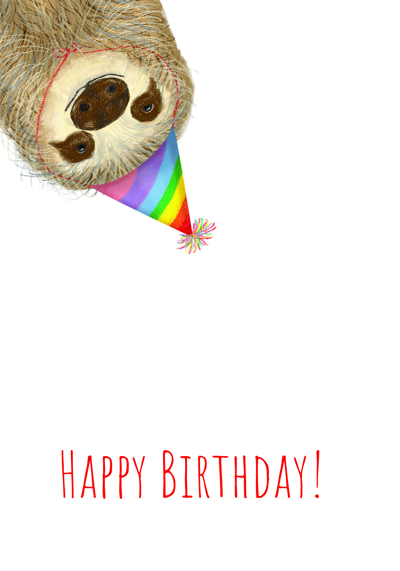 Sloth wearing a party hat, with Happy birthday written below him