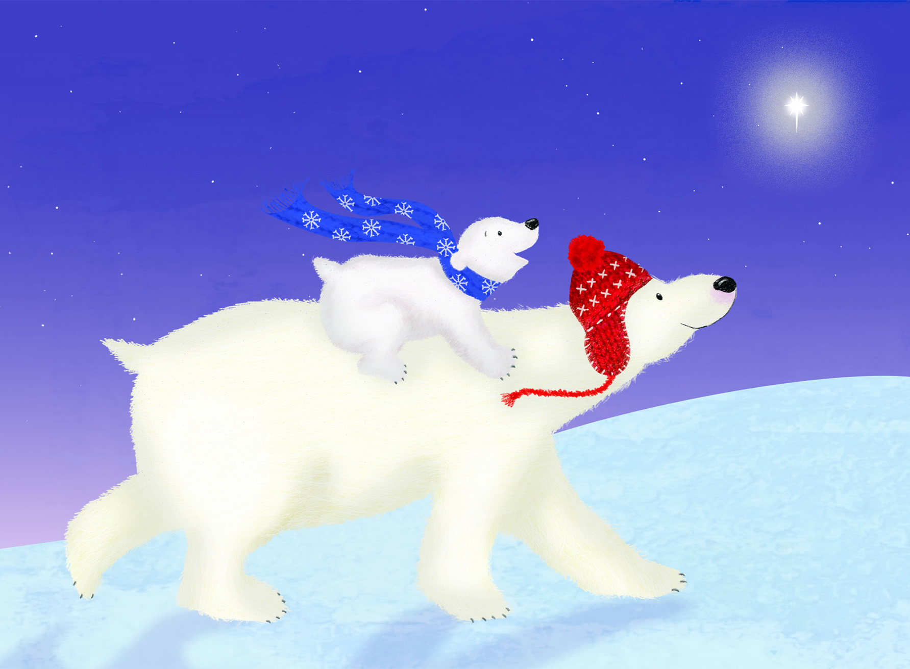 Polar bear with a cub on her back, crossing a frozen landscape at night with a bright star shining above them