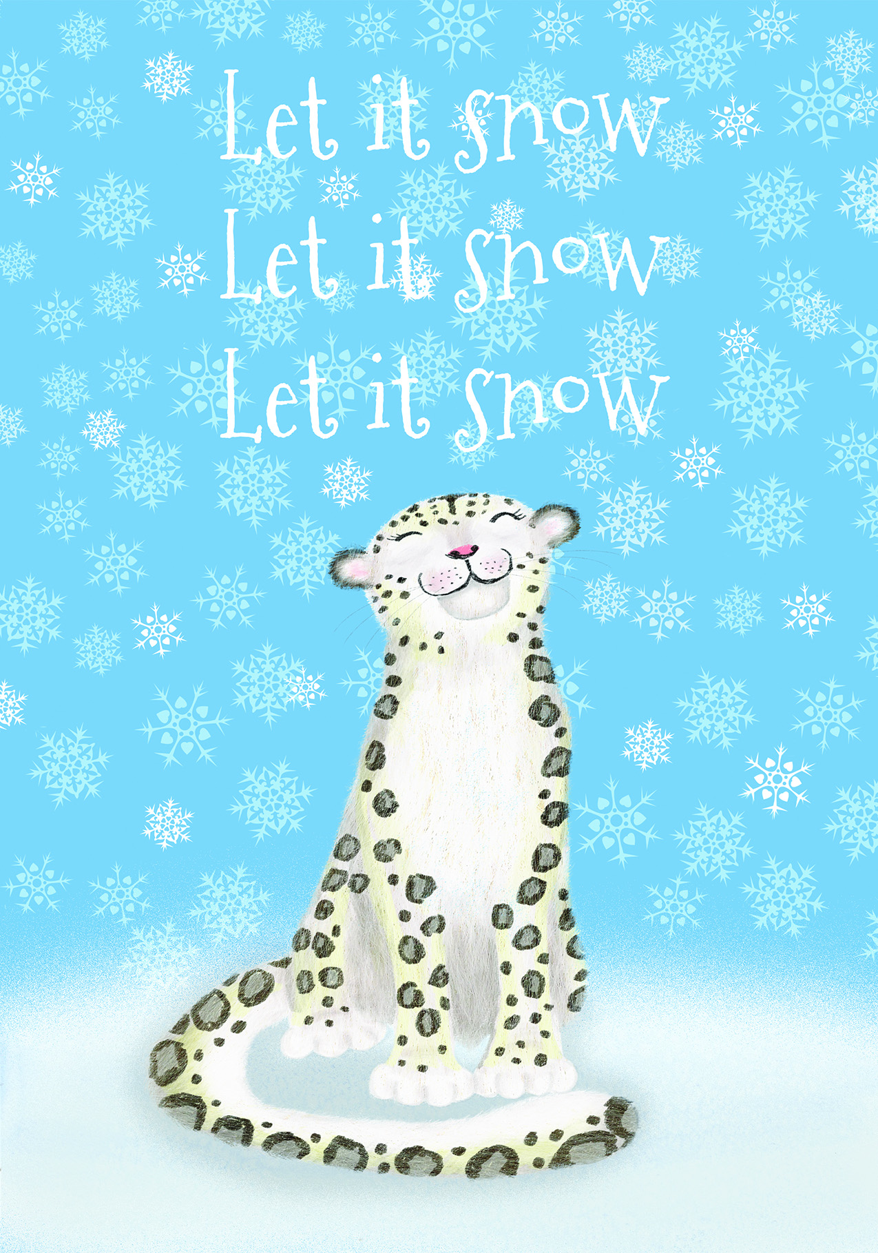 Snow leopard in a snowy landscape with Let it snow, let it snow, let it snow written above her