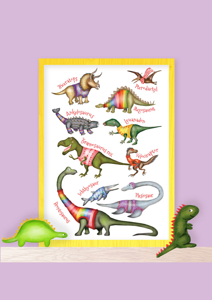 Print of 10 fabulous dinosaurs wearing rainbow coloured knitwear.