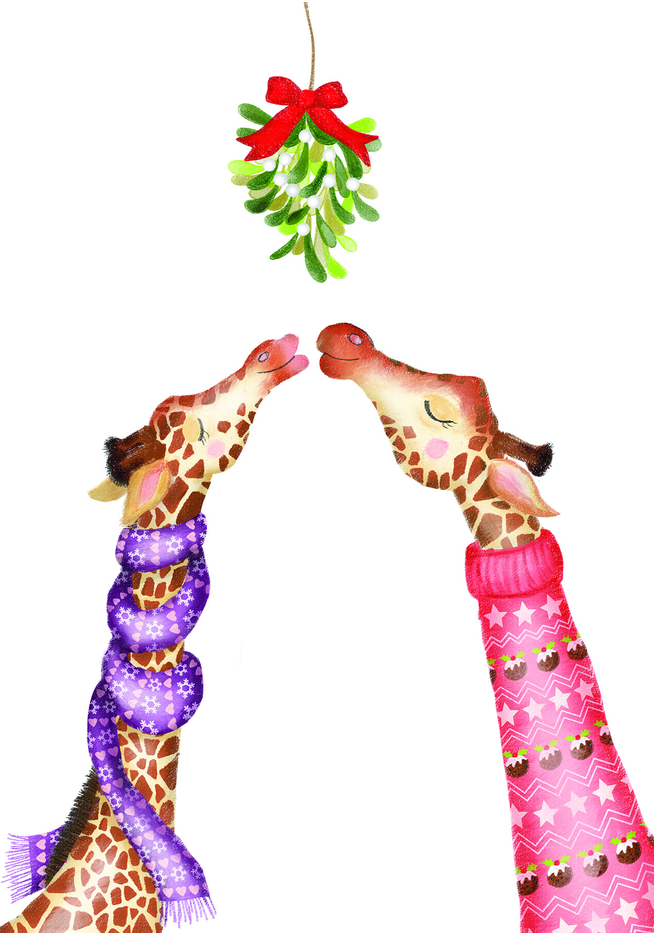 Drawing of two giraffes wearing a scarf and a jumper kissing under some mistletoe