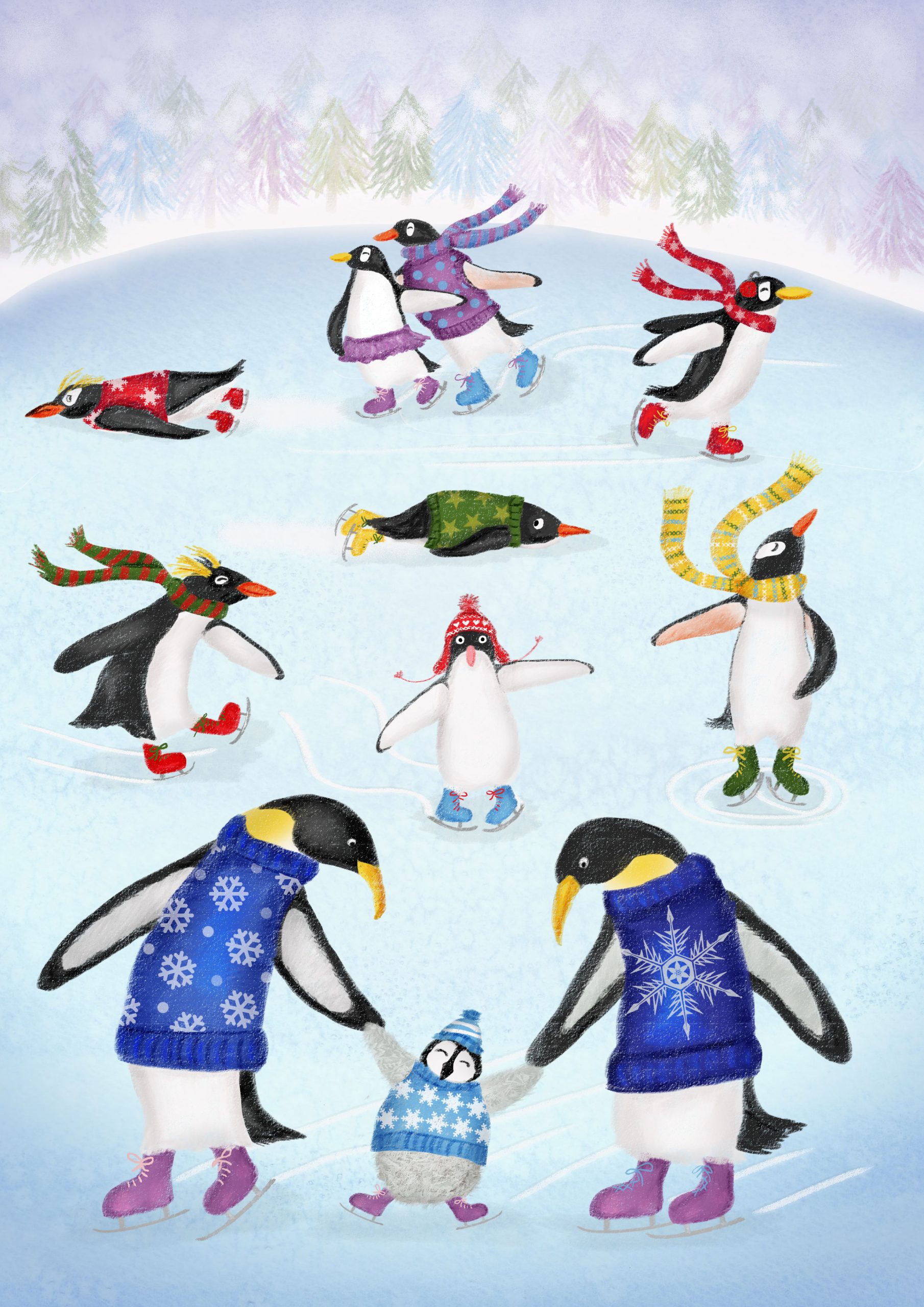 Card featuring penguins wearing scarves and jumpers skating on a frozen lake.