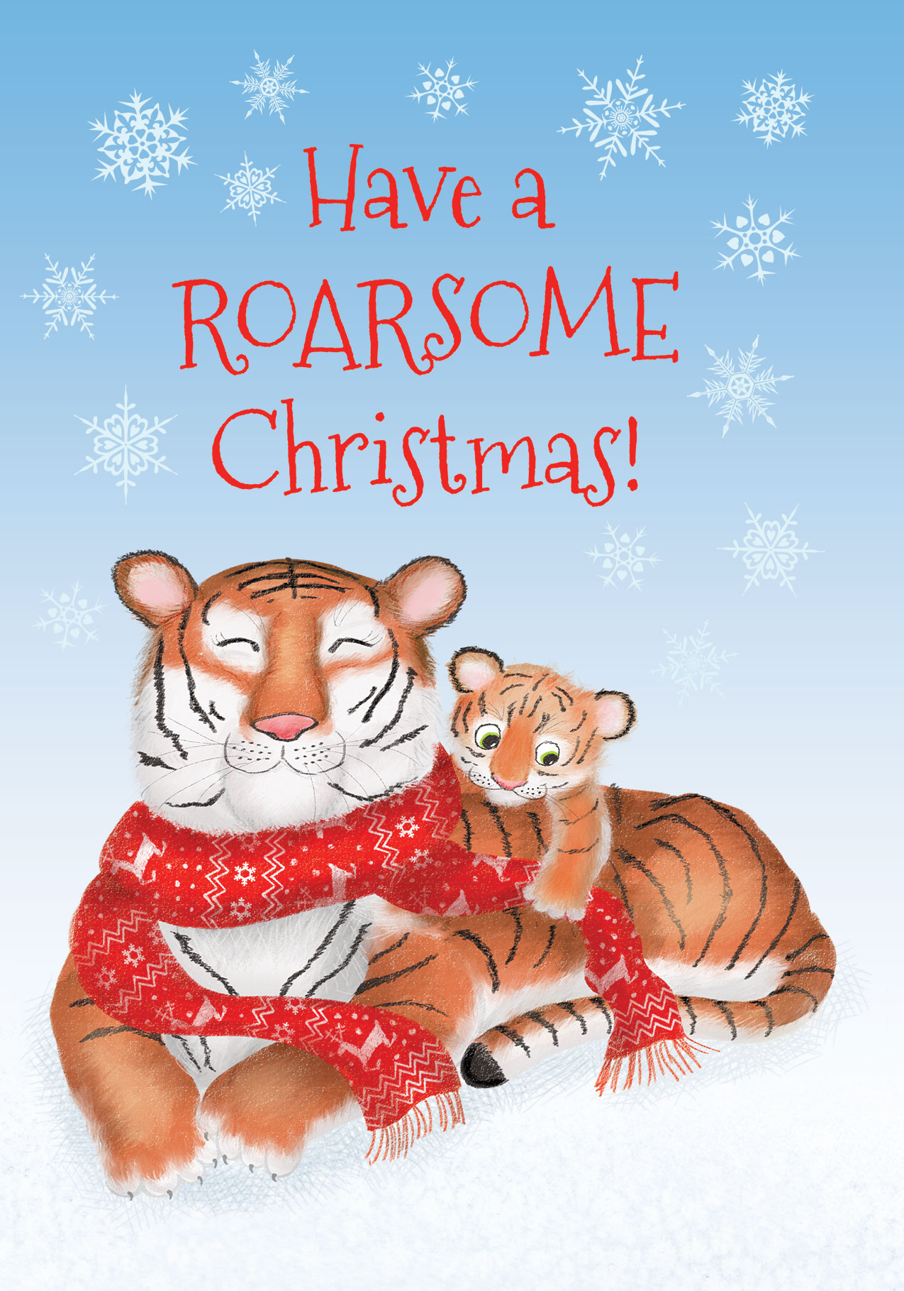 Drawing a cute tiger and cub with 'Have a ROARSOME Christmas' written above them