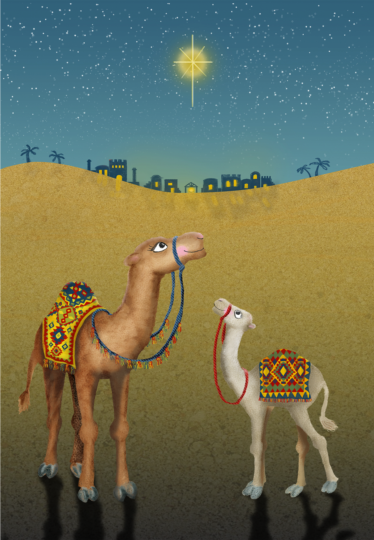 Christmas card with a mother camel and calf looking up at the star over Bethlehem.