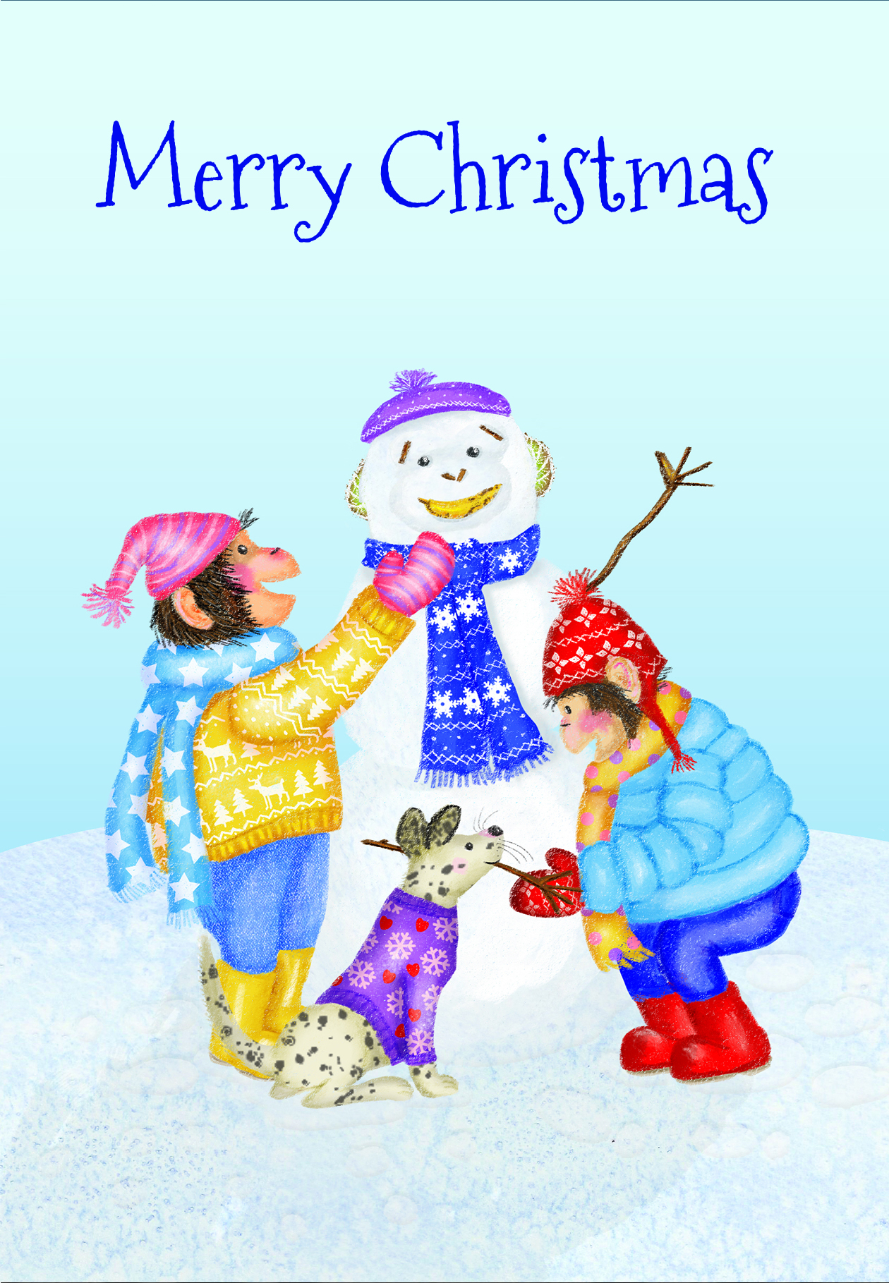 Christmas card showing chimps making a chimp snowman.