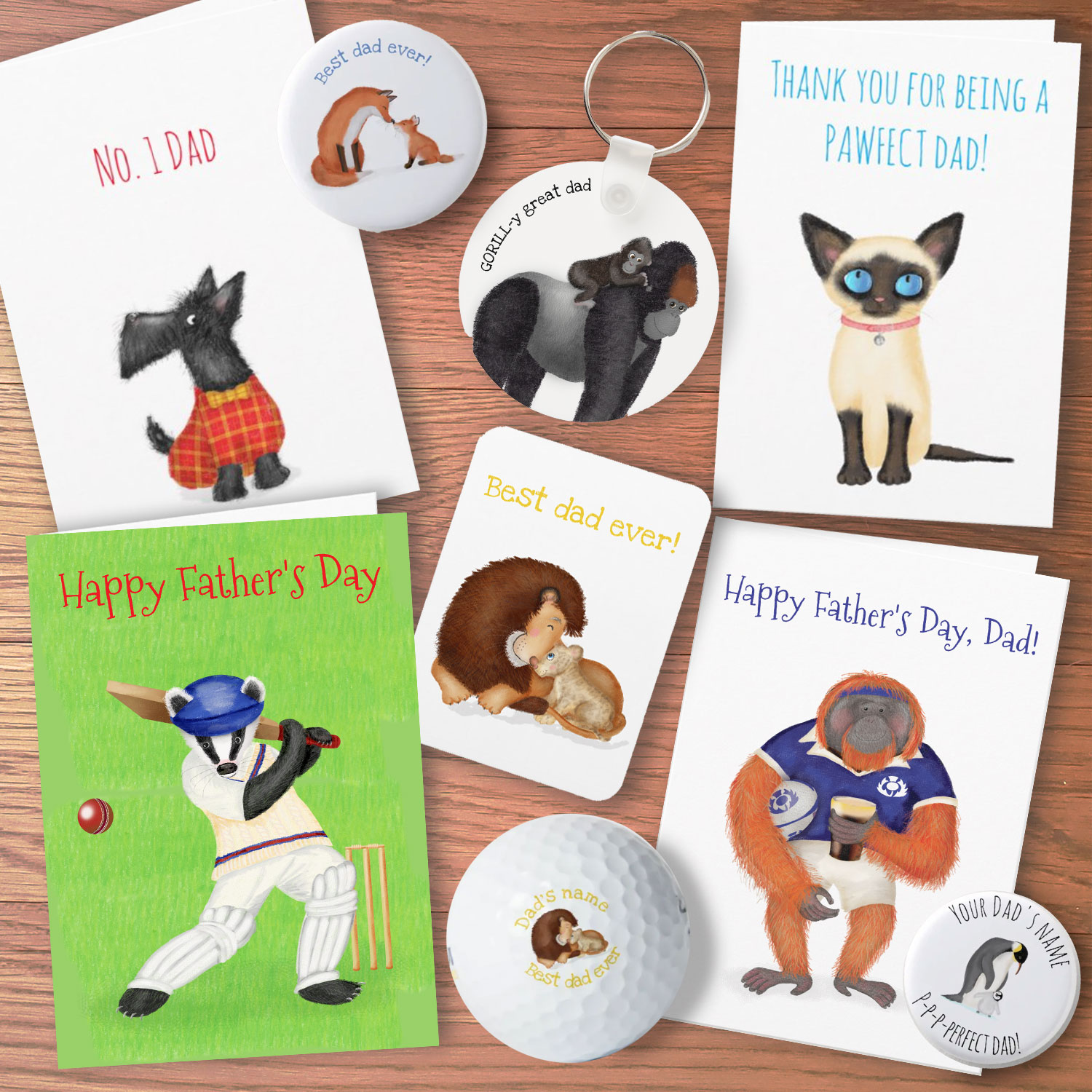 fathersday-flaylay-square-2025 Flatlay of LeopardyNonsense Father's Day cards and gifts.