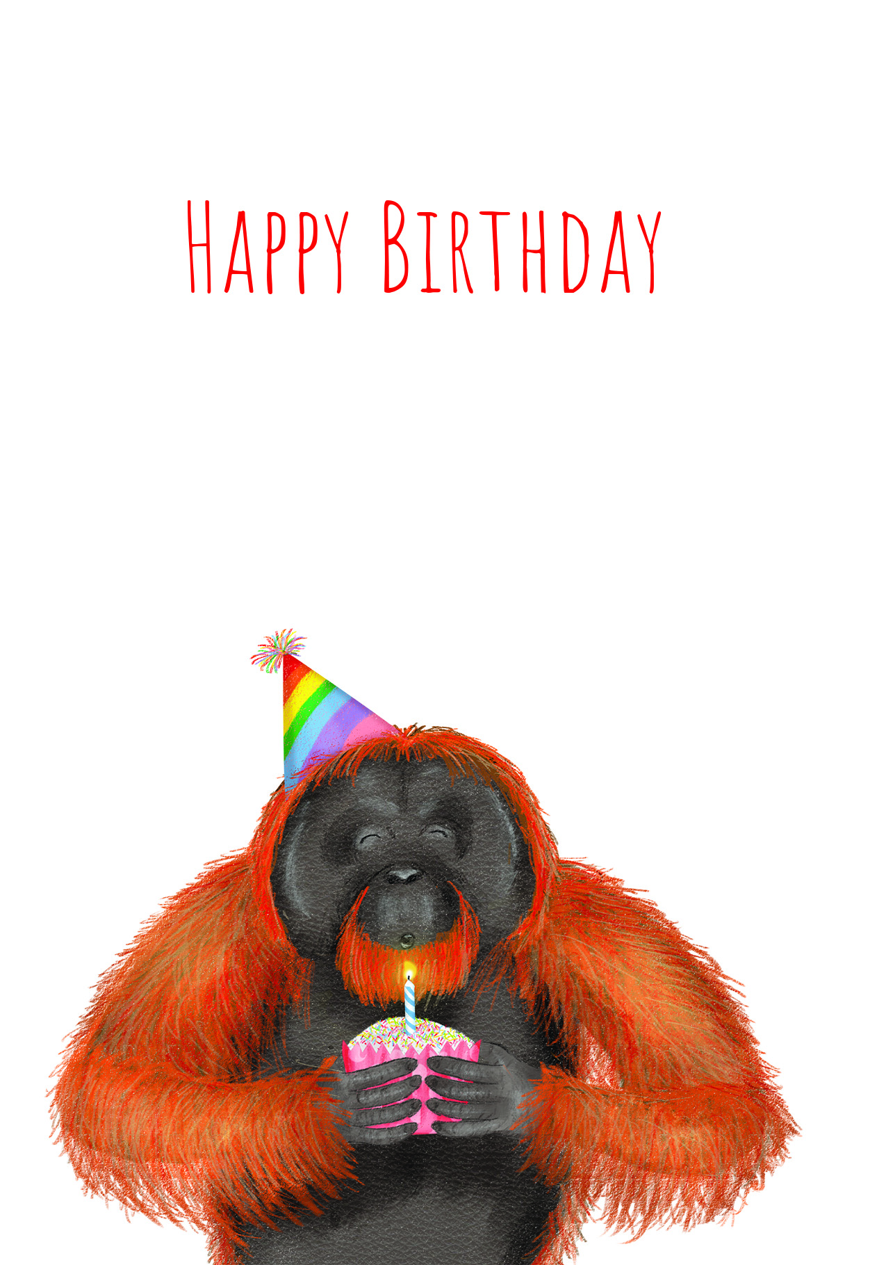 Birthday card with an orangutan blowing out a candle on a cake.