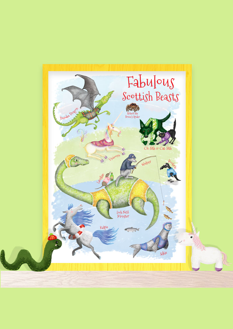 Fabulous Scottish Beasts framed print sitting on a shelf with a toy Nessie and unicorn.