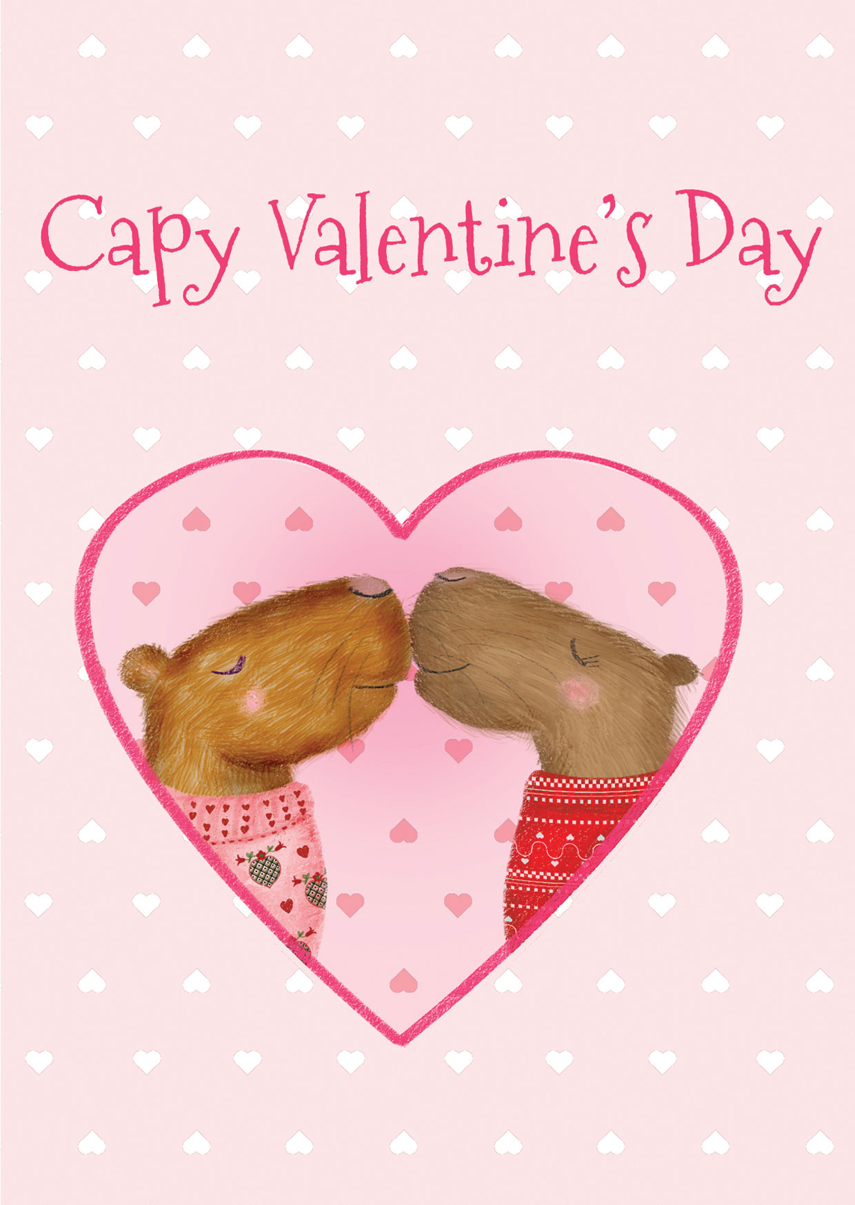 Valentine's card with two kissing capybaras in a heart shape.
