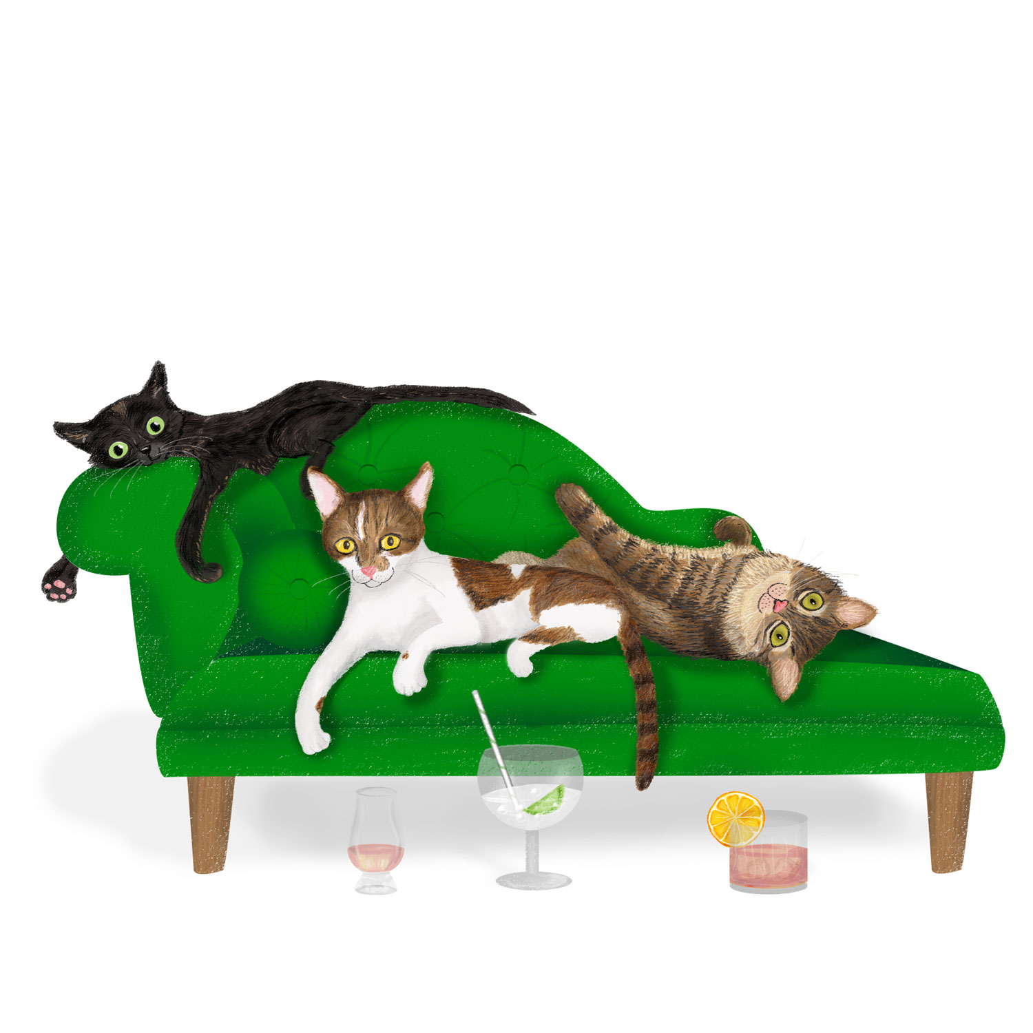Drawing of 3 cats on a chaise longue.