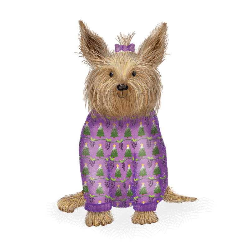 Drawing of a cute Yorkshire terrier wearing a purple sweater.
