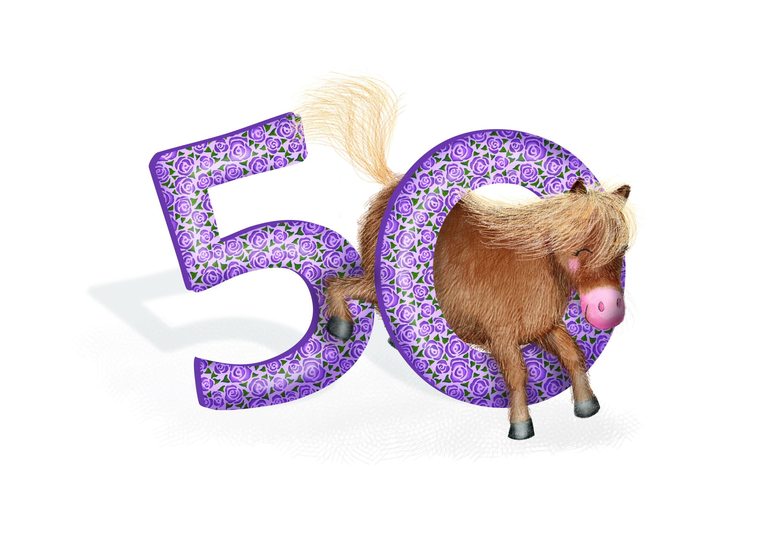 Drawing of a Shetland pony jumping through the zero of a big purple 50.