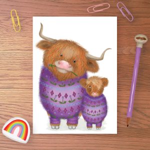 Adorable Highland cow mum and calf blank card
