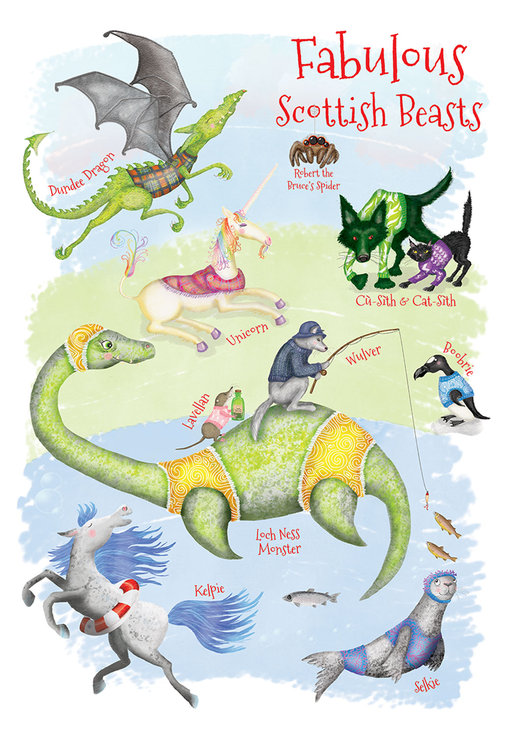 Drawing of fabulous Scottish beasts including the Loch Ness Monster, Kelpie and Selkie.