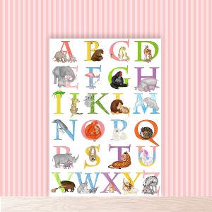 Print of a colourful alphabet illustrated with cute baby animals and their parents.
