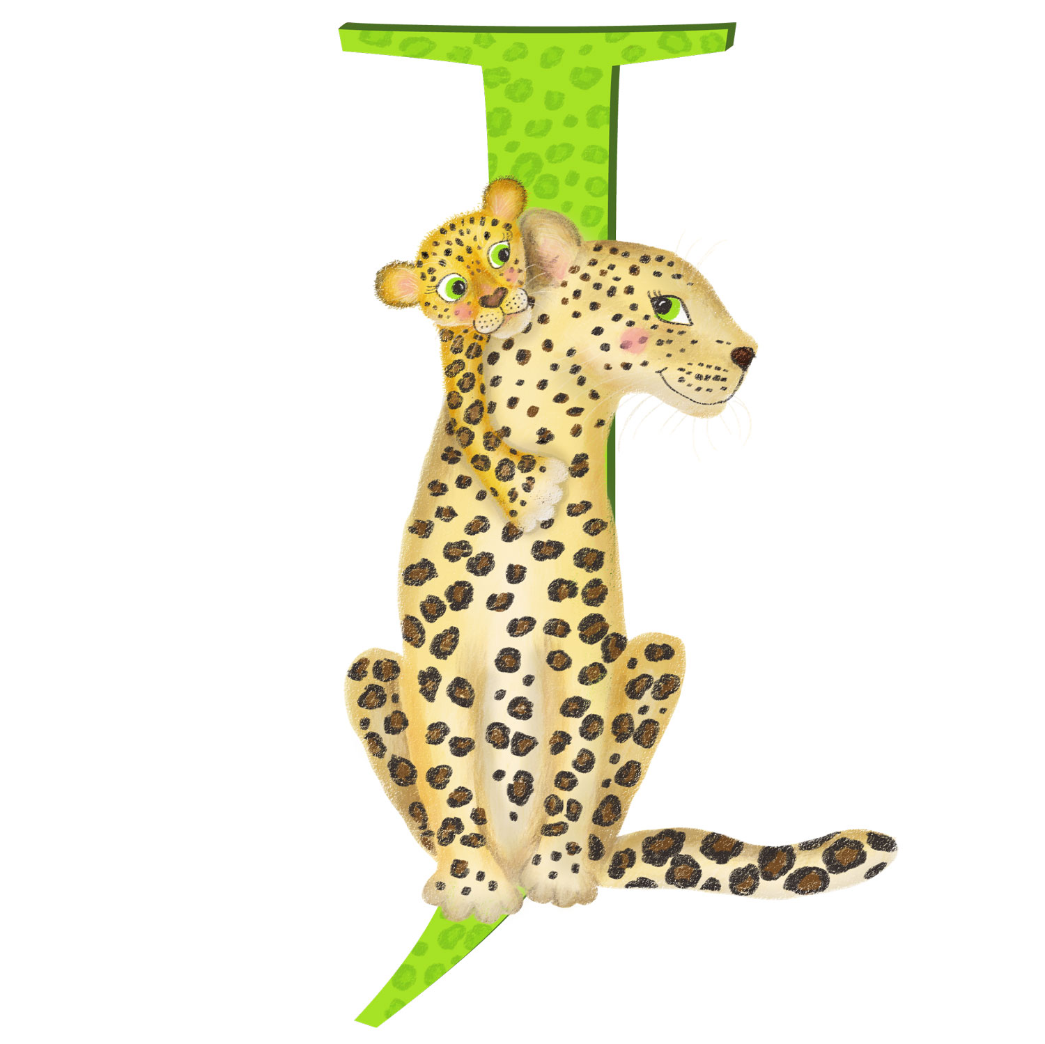 Green capital letter J with a cute mother jaguar and cub.
