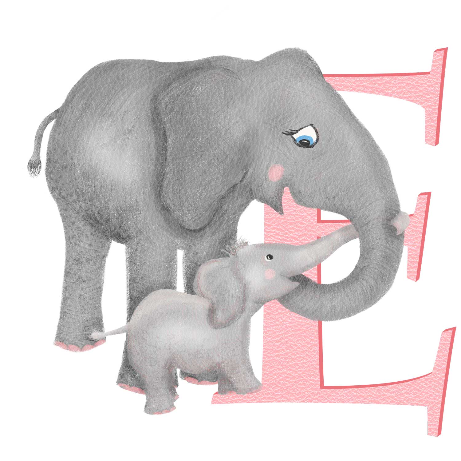 Pink capital letter E with a cute mother and baby elephant.