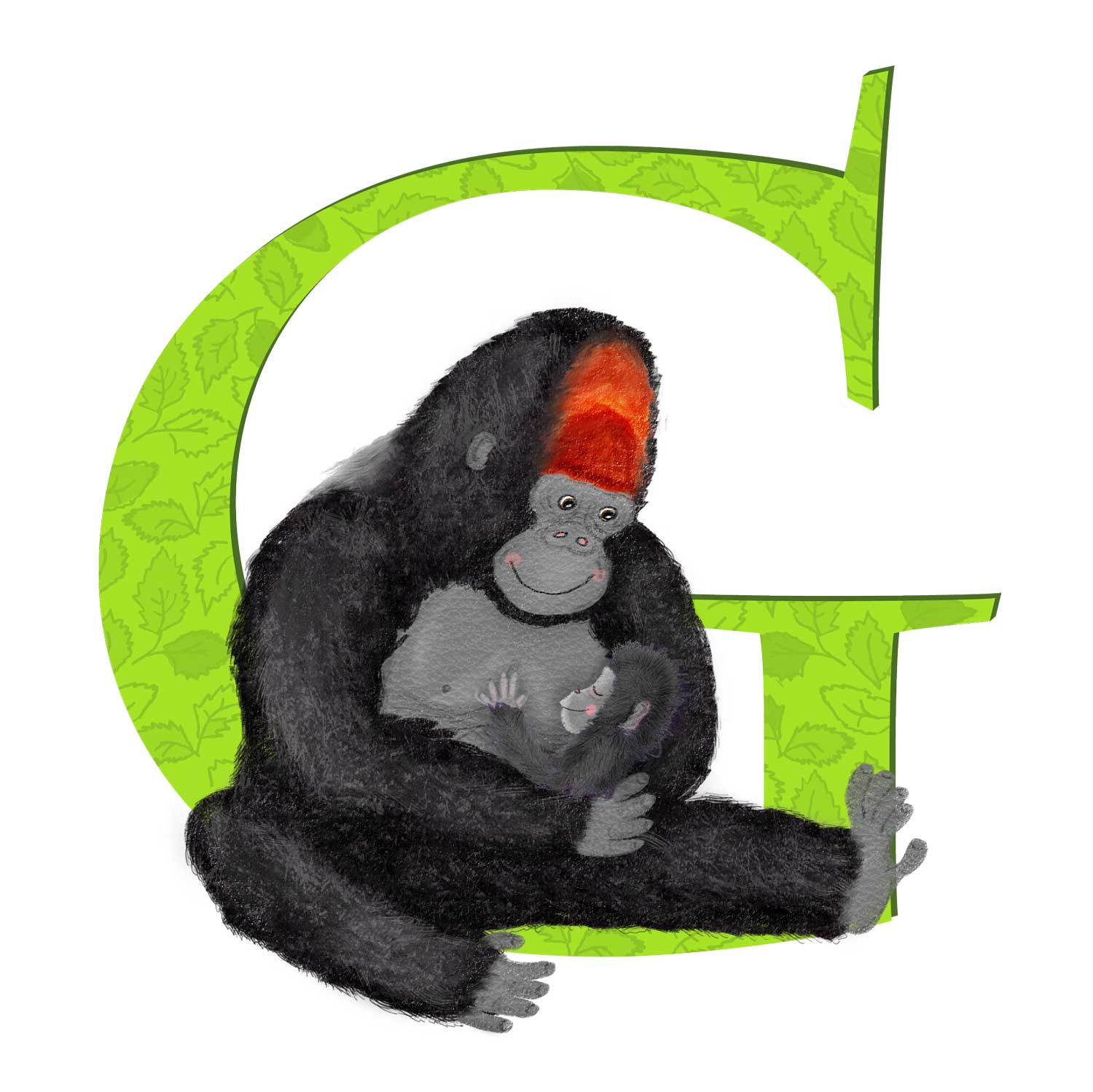 Green capital letter G with a cute father and baby gorilla.