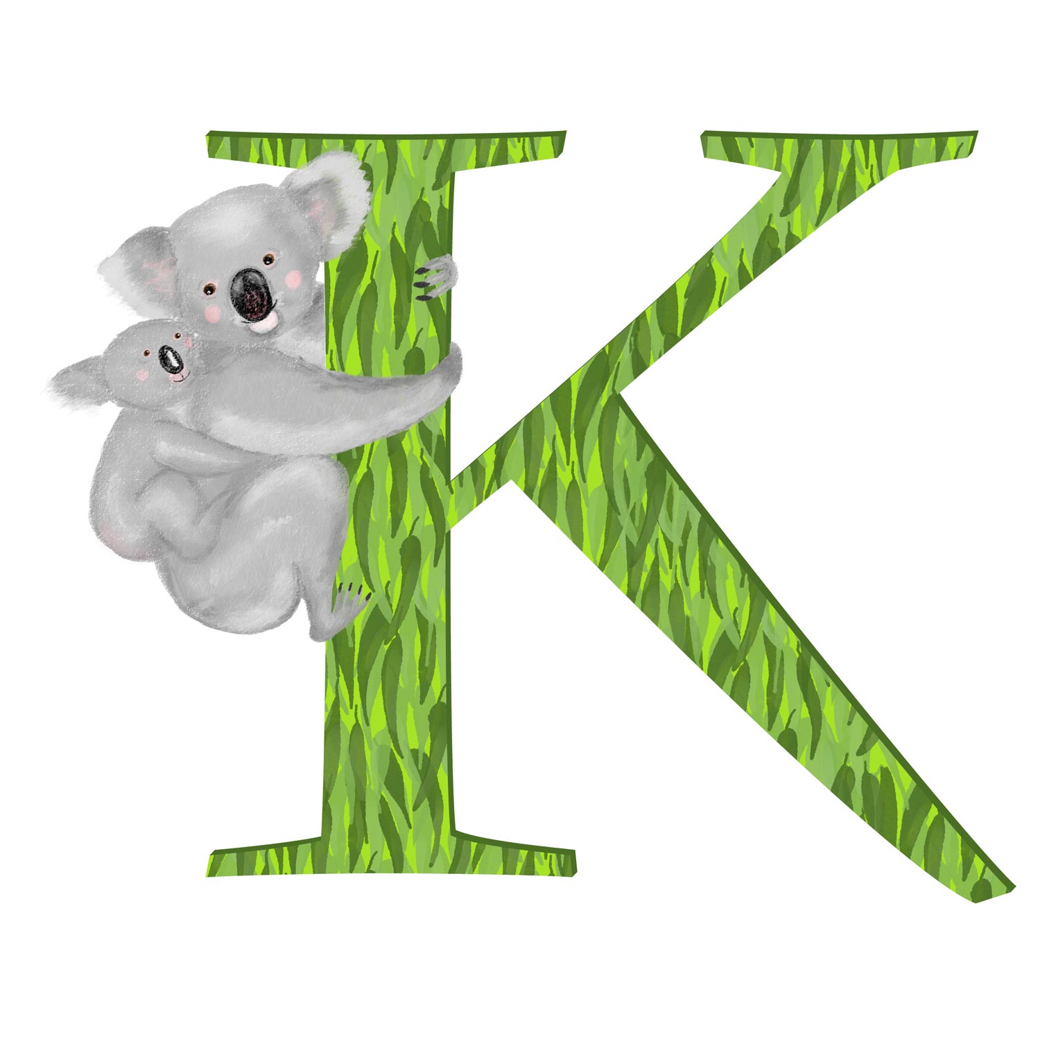 Green capital letter K with a cute mother and baby koala.
