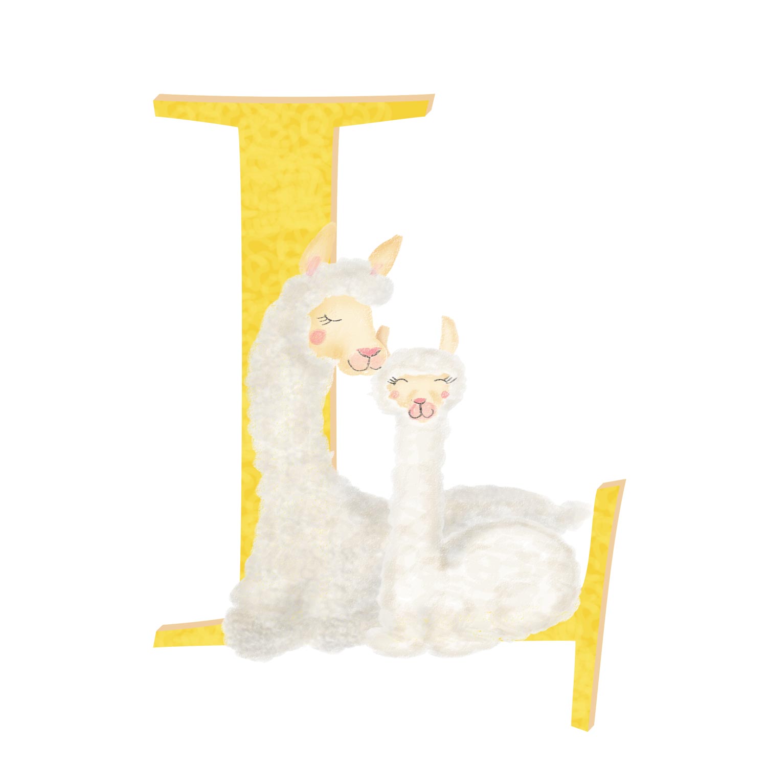 Yellow capital letter L with a cute mother llama and baby cria.