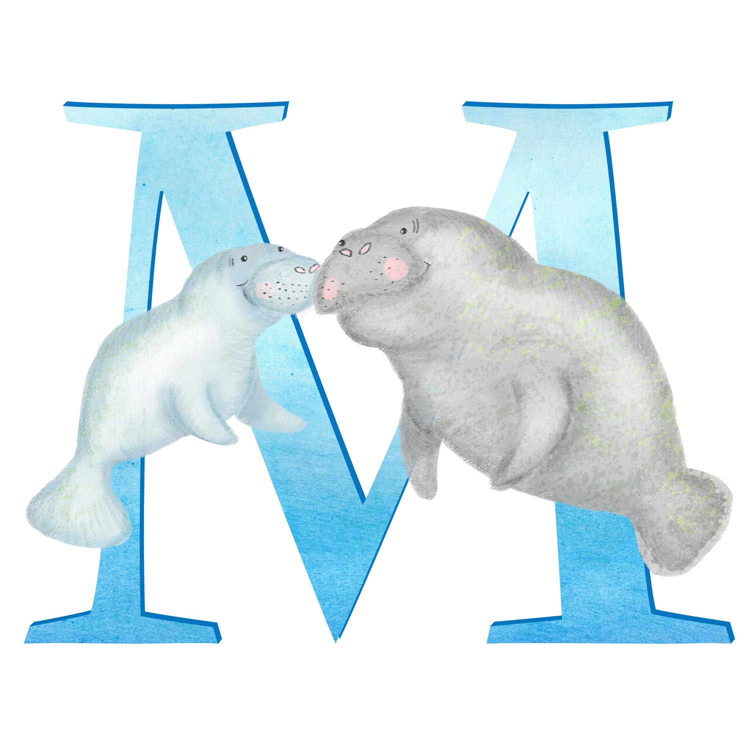Blue capital letter M with a cute mother and baby manatee.