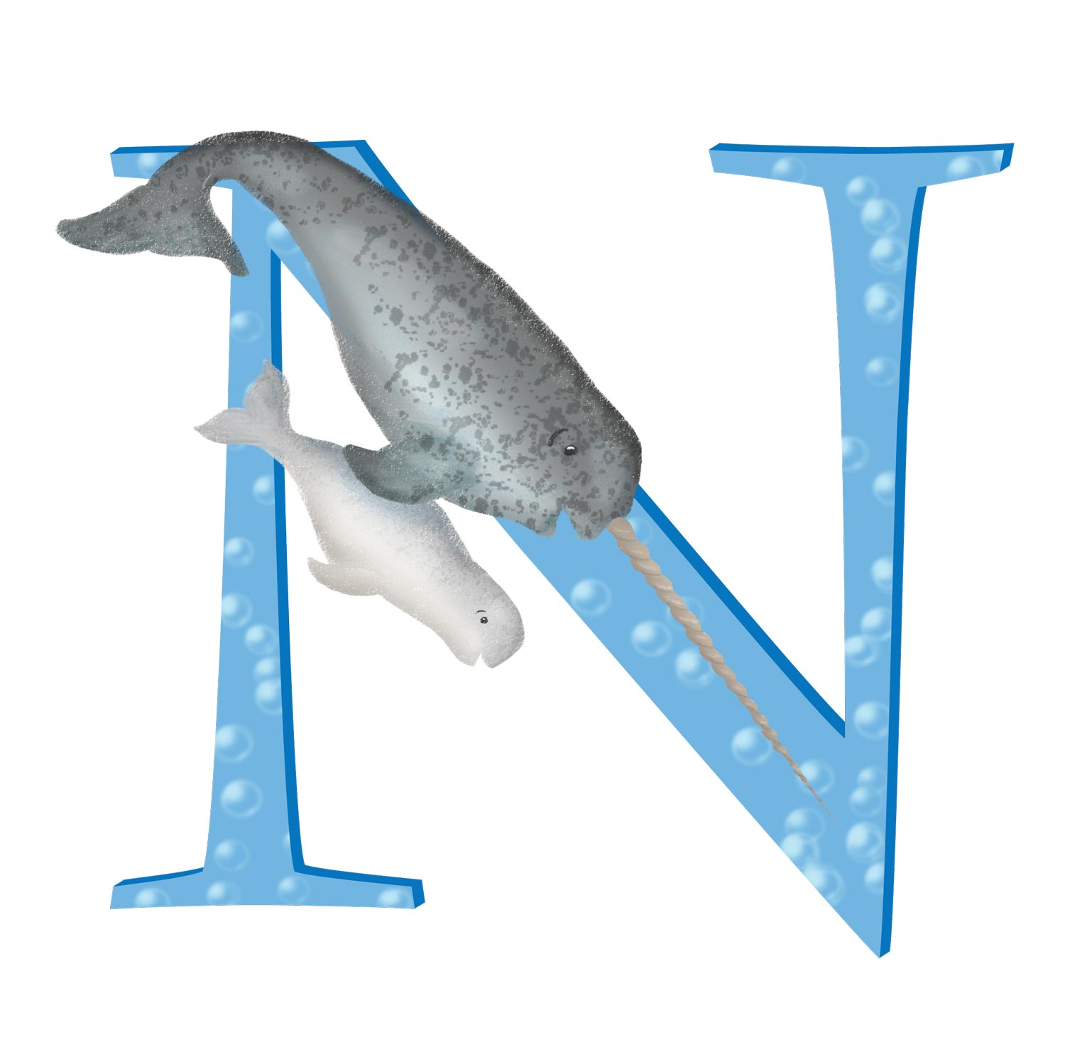 Blue capital letter N with a cute father and baby narwhal.