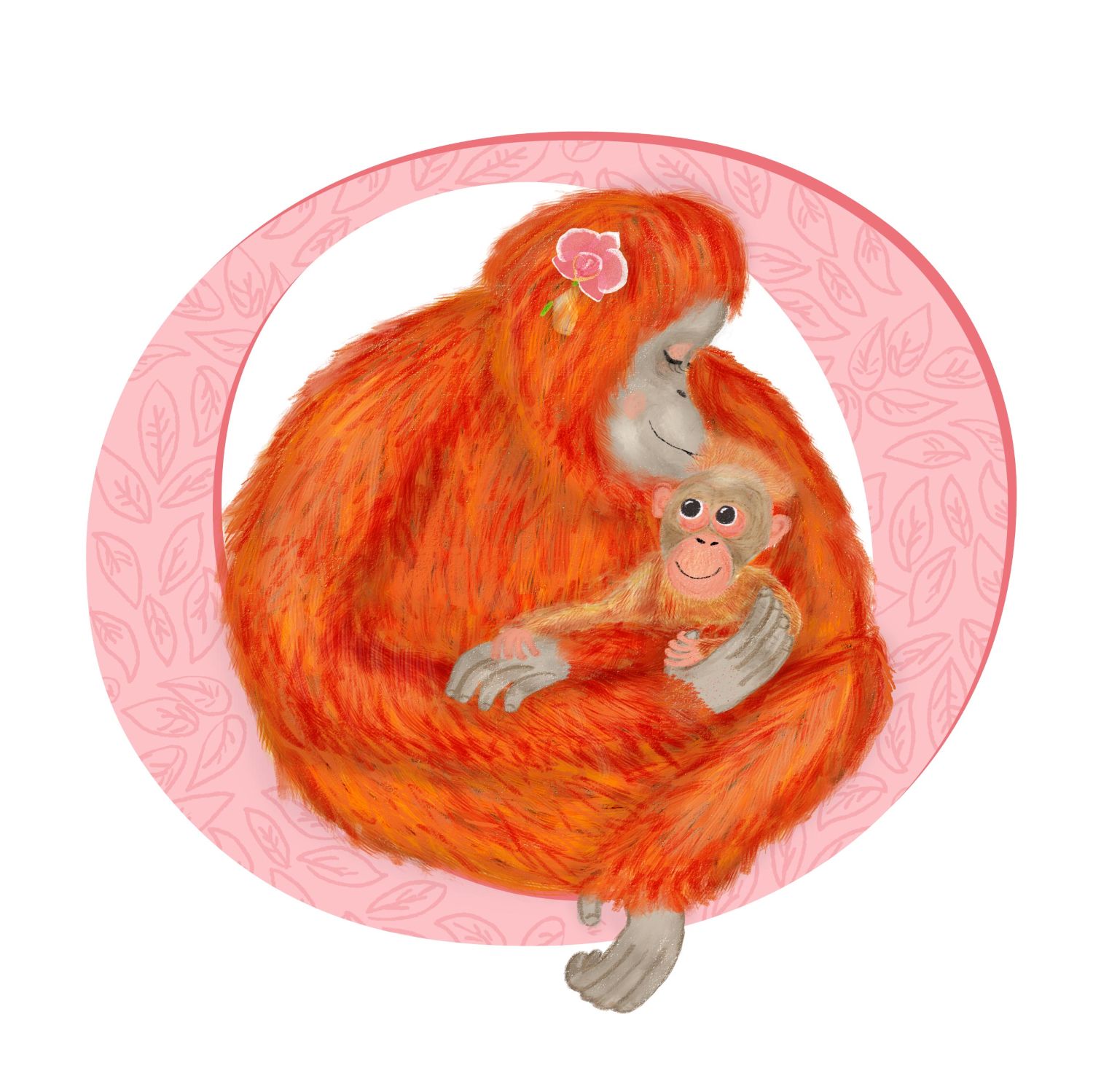 Pink capital letter O with a cute mother and baby orangutan.