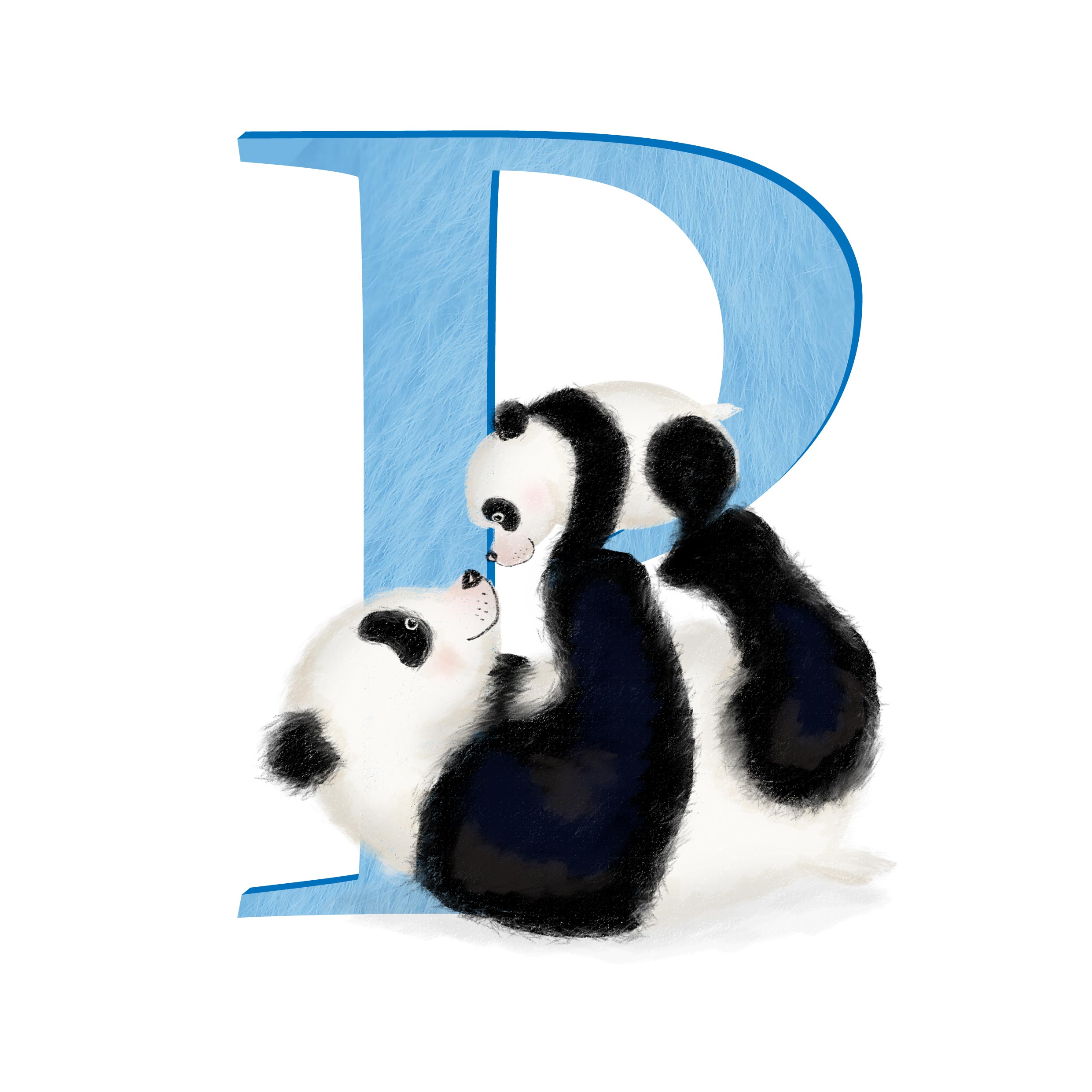Blue capital letter P with a cute mother and baby panda.