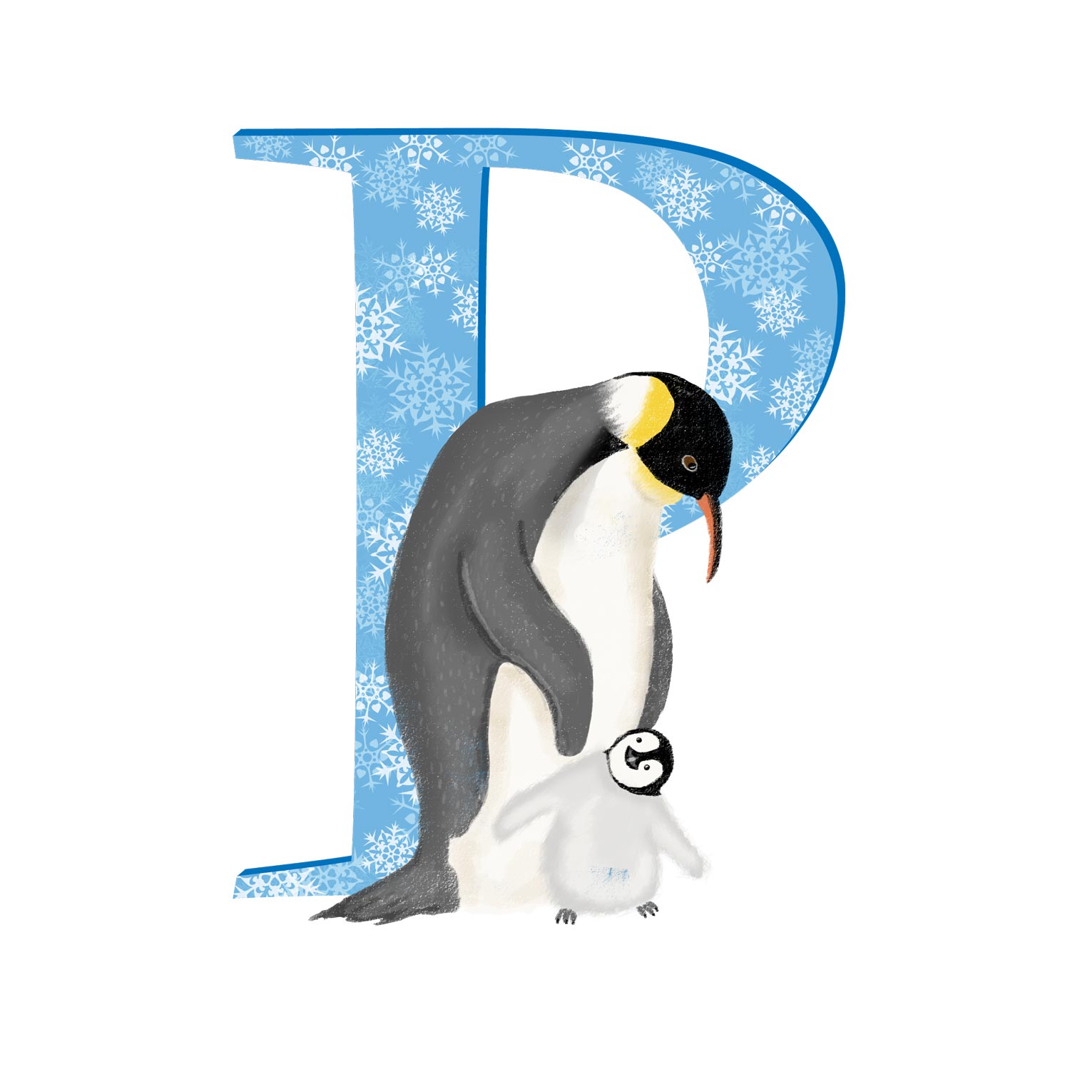 Blue capital letter P with a cute father penguin and chick.