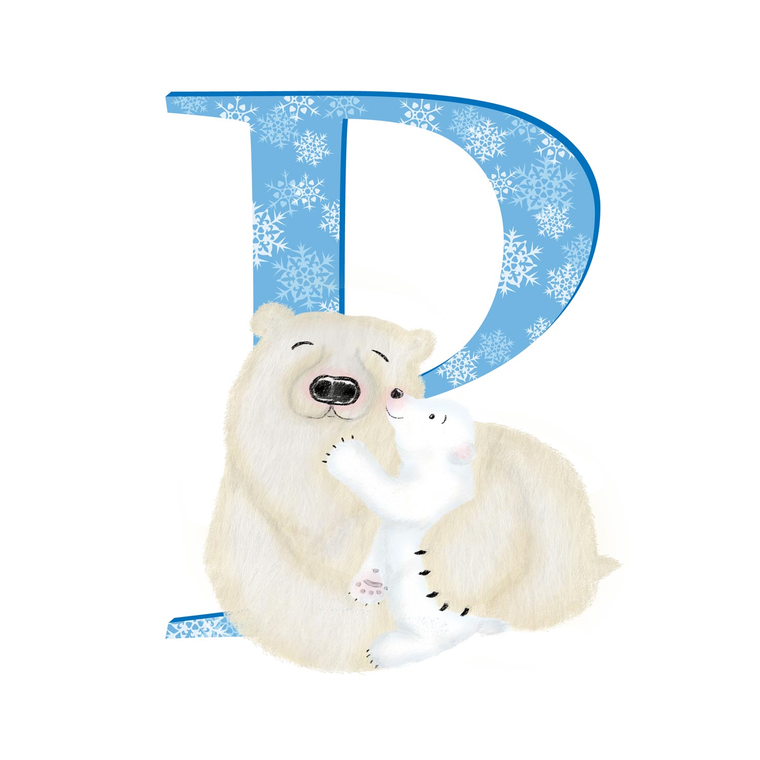 Blue capital letter P with a cute mother polar bear and cub.