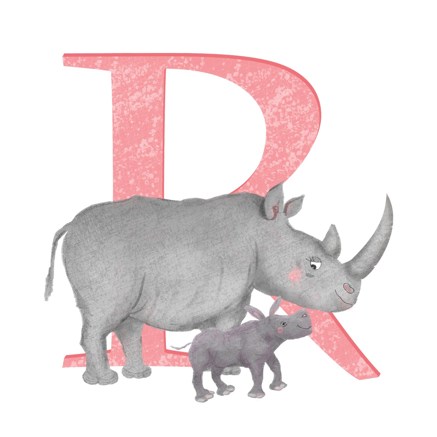 Pink capital letter R with a cute mother and baby rhino.