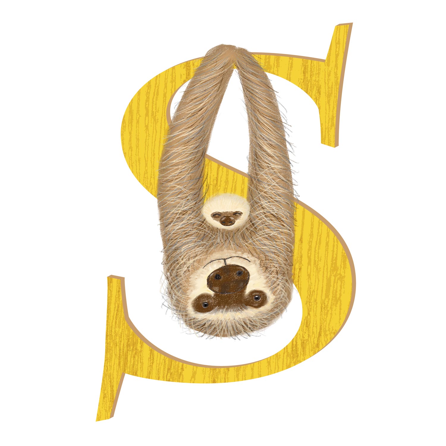 Yellow capital ;etter S with a cute mother and baby sloth.