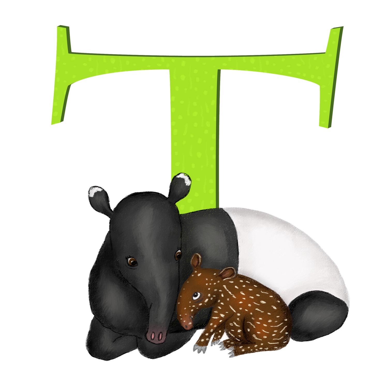 Green capital letter T with a cute mother and baby tapir.